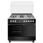MIKA MST9041WEG6BX Standing Cooker, 90cm x 60cm, 4 Gas Pool Jet Burners (1 Wok) + 1 RAPID Hot Plate, FLAME FAILURE SAFETY, Auto Ignition, 6 Function Electric Oven (Convection Fan), GAS CYLINDER CABINET, Rotisserie, Stainless Steel Hob, Matt Black Body